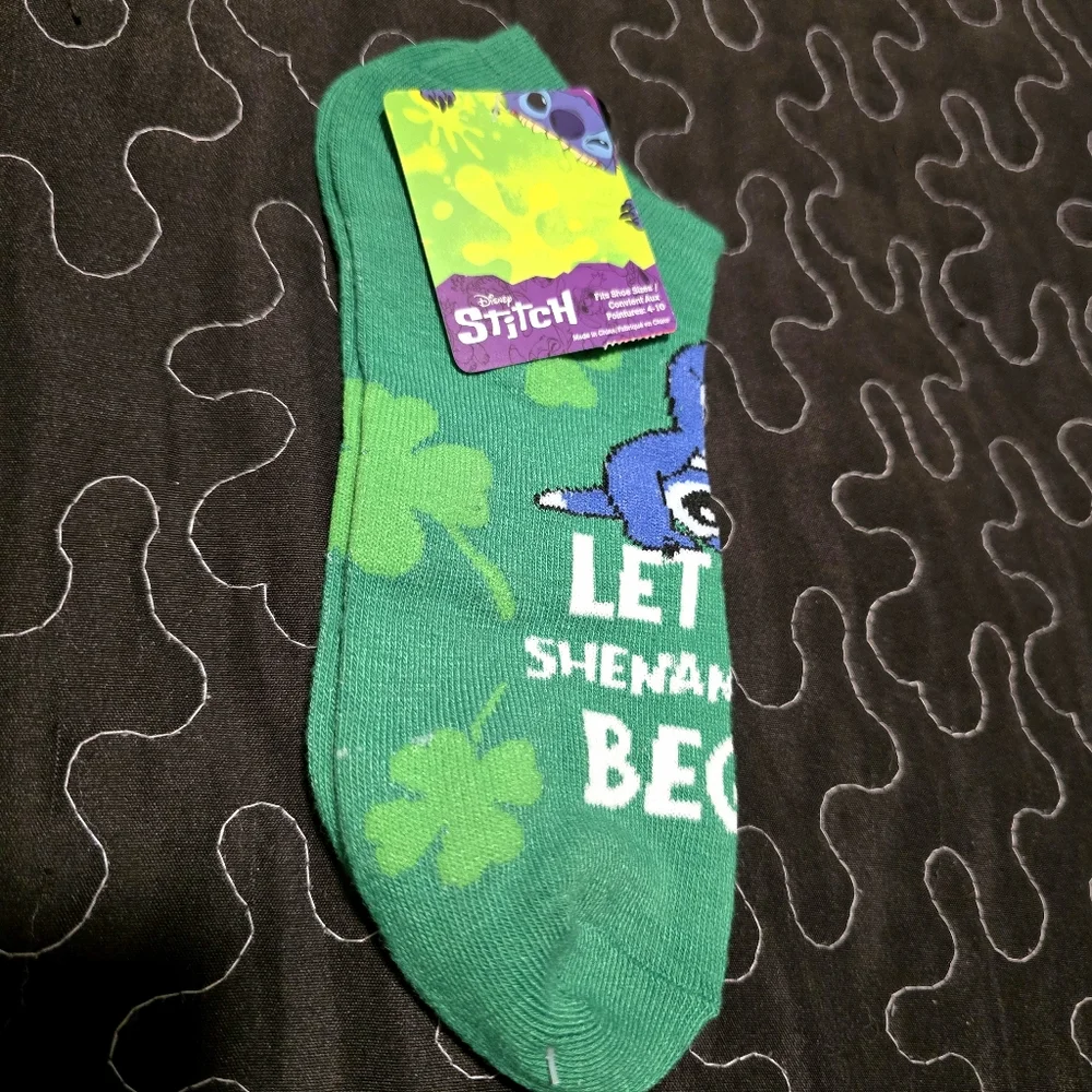 Disney Mickey Mouse Stitch St Patricks Day Ankle Socks 2 Pair‎ NWT Size 4-10